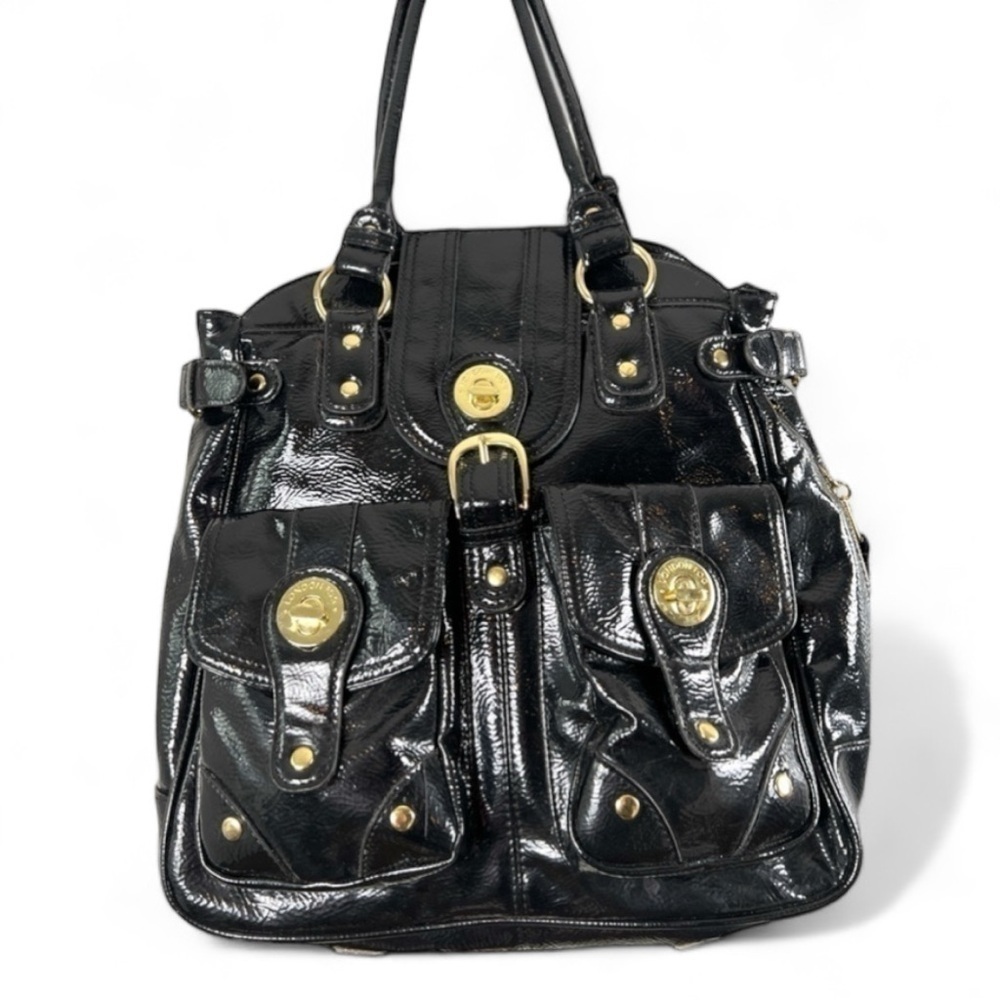 London Fog Audrey Black Vegan Patent Leather 
Tote Purse With Gold Accent